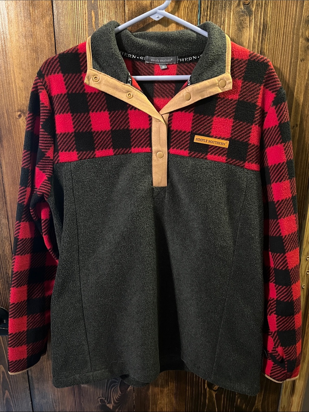 Simply Southern Red & Black Buffalo Plaid Fleece Pullover with Olive Body